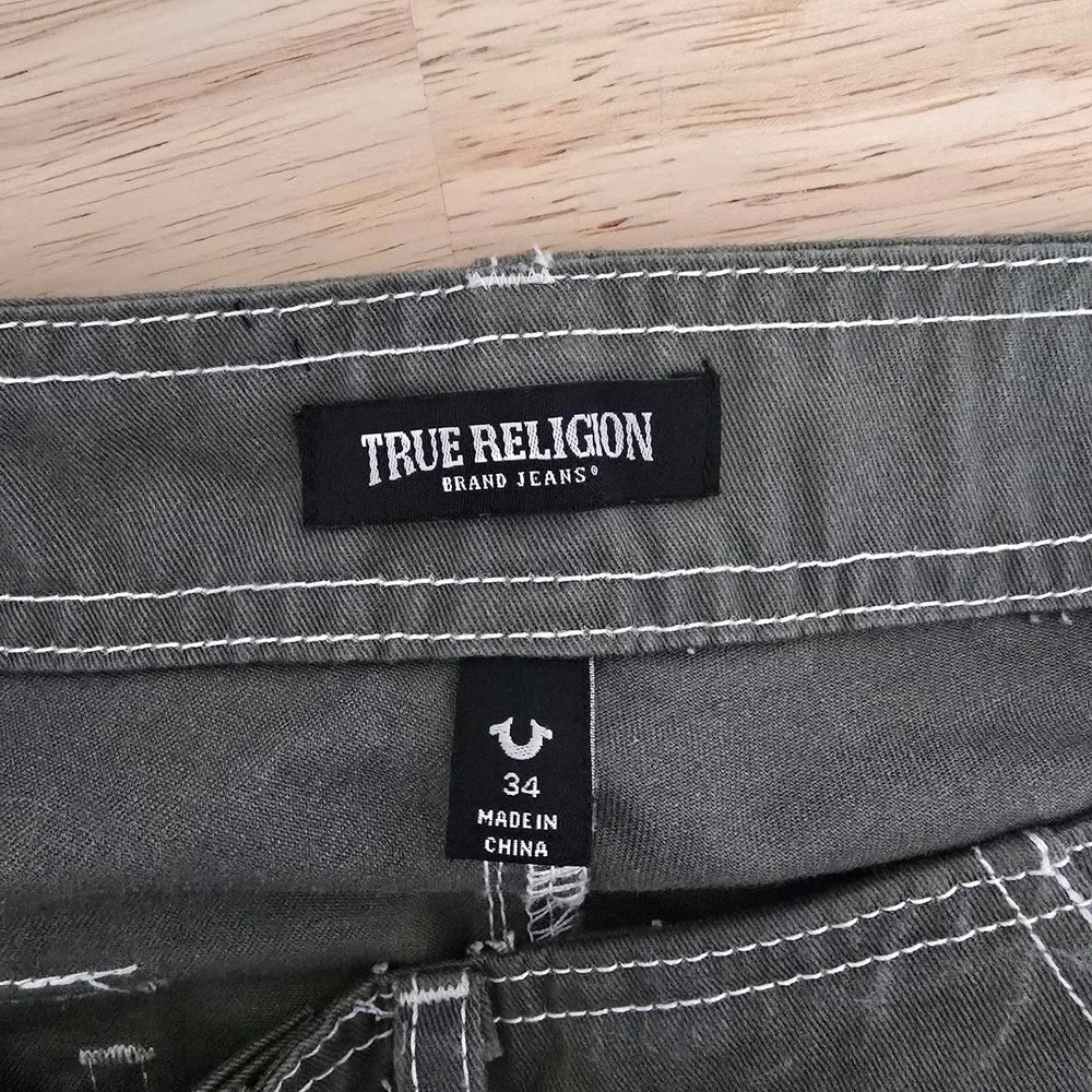 True Religion Mens Olive‎ Green Contrast Stitch Cargo Pants Straight Leg Size 34